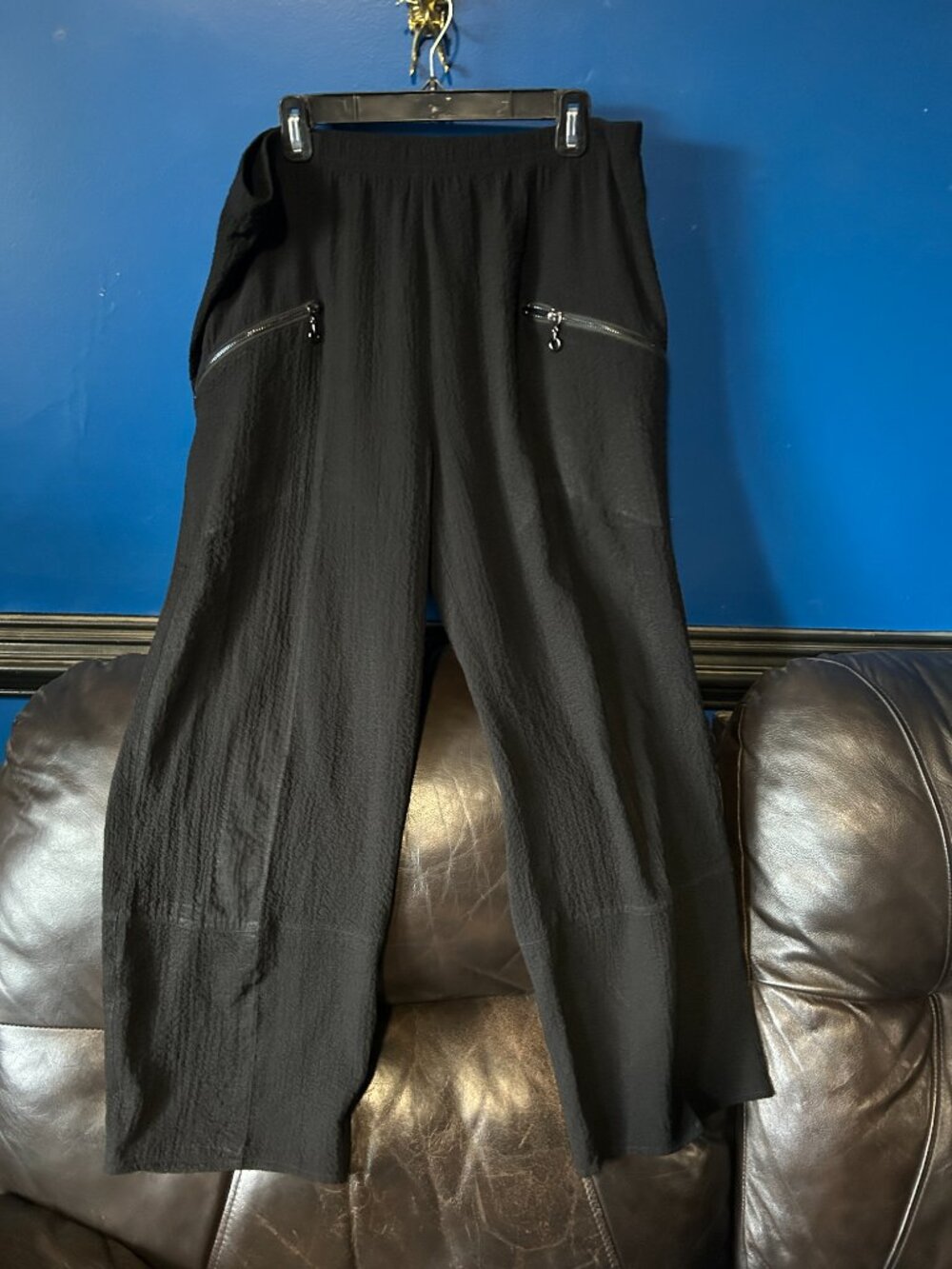 Ali Miles black crinkle textured elastic waist pants silver zippers XL